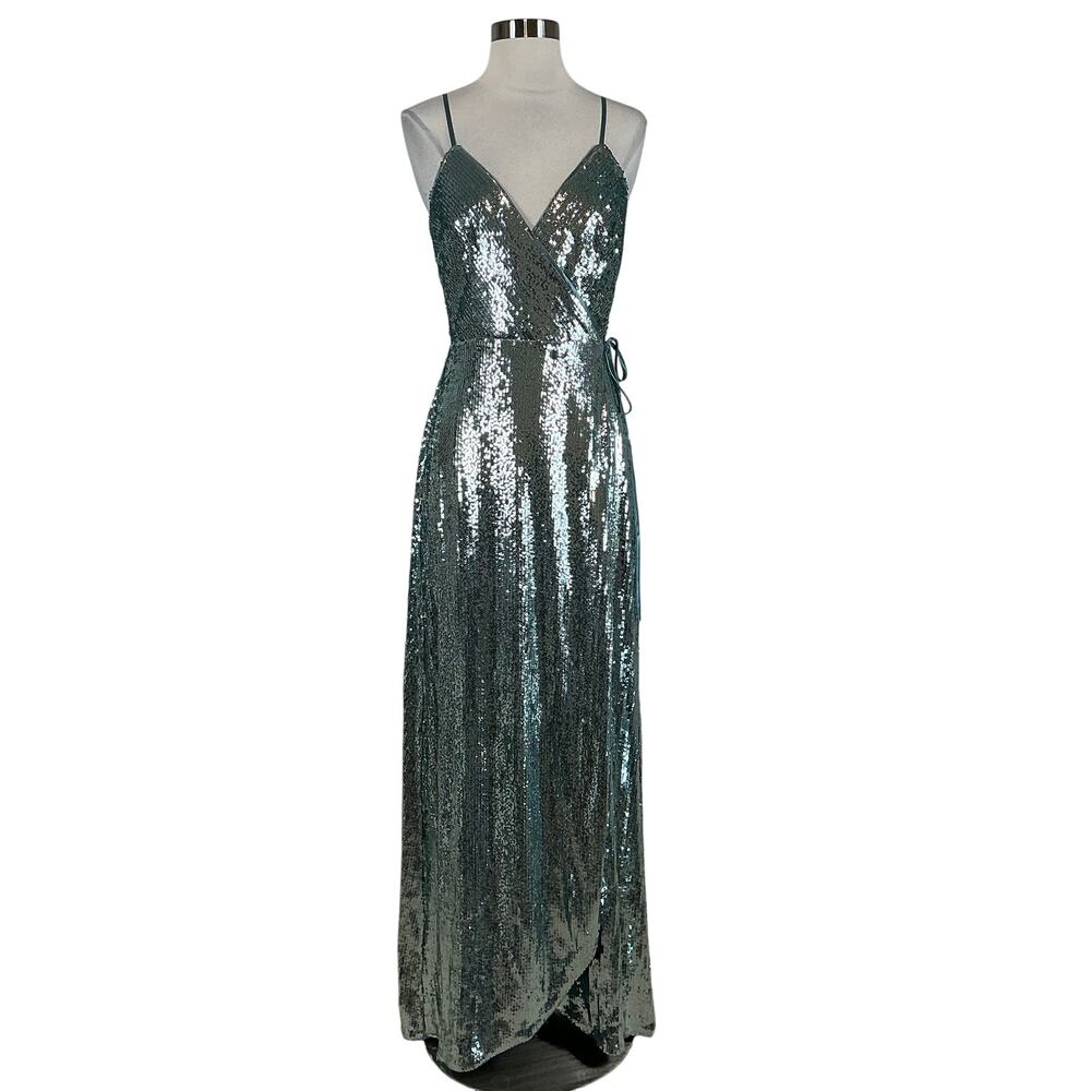 Aidan Mattox Mint Green/Blue Evening Gown Sequined Sleeveless Wrap Dress Size 8 - Picture 2 of 13